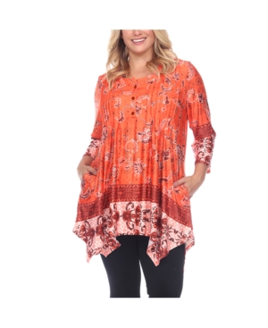 White Mark Women's Plus Size Victorian Print Tunic Top With Pockets In Orange