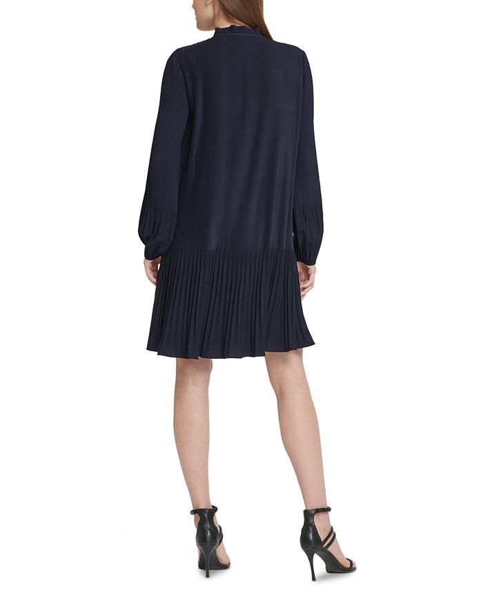 DKNY Long Sleeve Tie Neck Pleated Shift Dress & Reviews - Dresses ...