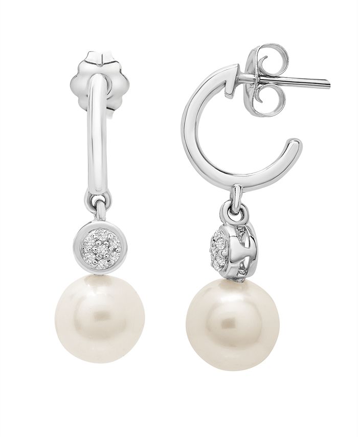 Macy's - Cultured Freshwater Pearl (7mm) and Diamond (1/20 ct. t.w.) Earrings in Sterling Silver