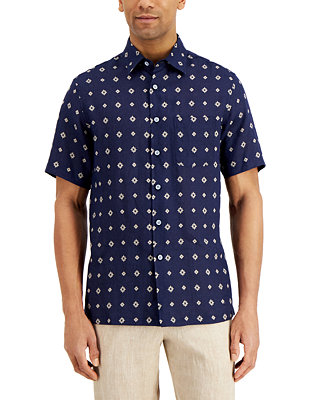 Tasso Elba Men's Regular-Fit Geo Tile-Print Linen Shirt, Created for ...