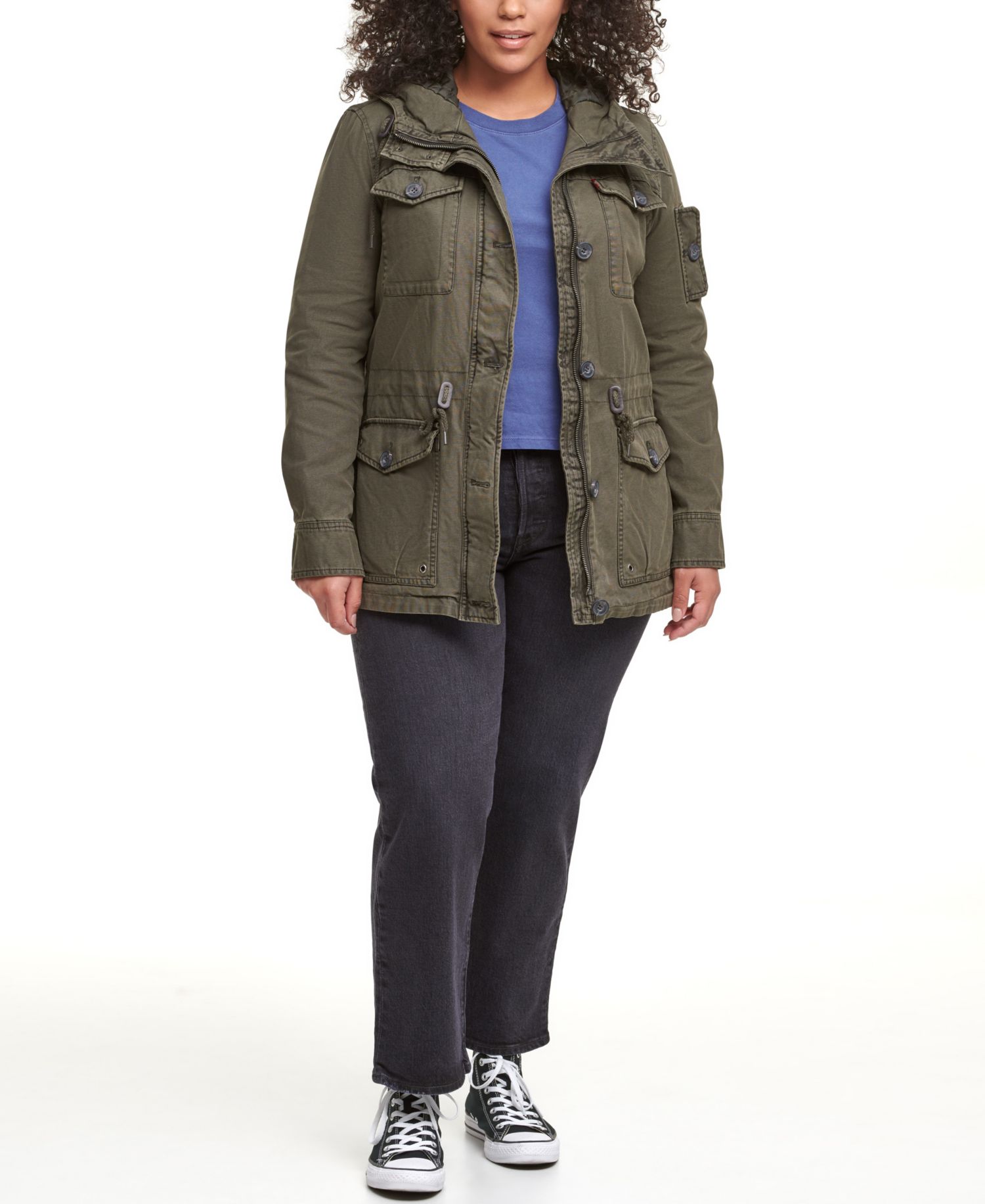 Trendy Plus Size Hooded Military Jacket