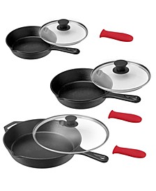 Pre-Seasoned 9 Piece Skillet Set with Lids and Holder