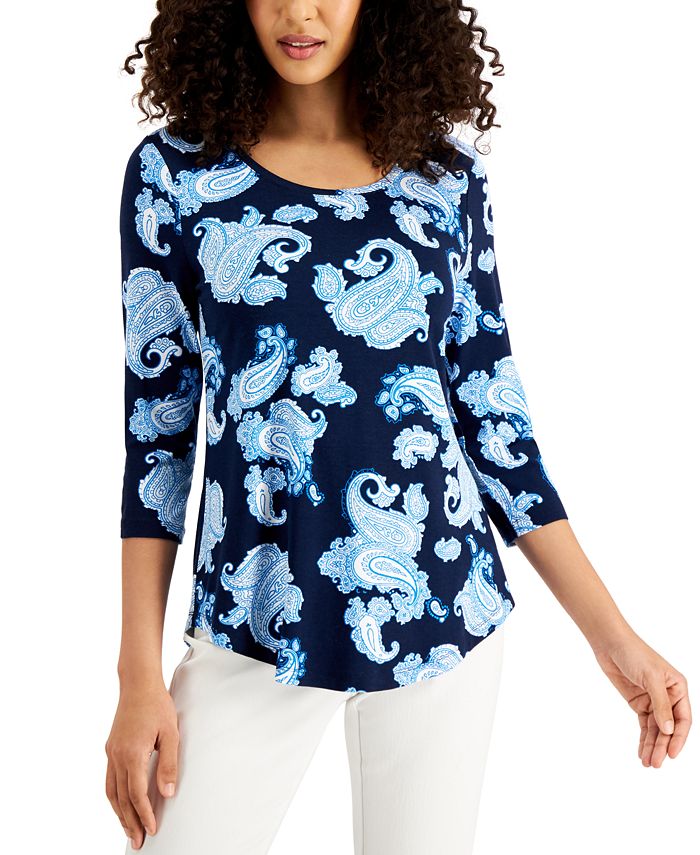 JM Collection Paisley-Print 3/4-Sleeve Scoop-Neck Top, Created for Macy ...