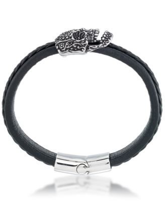 Men's Ornamental Skull Leather Bracelet in Stainless Steel