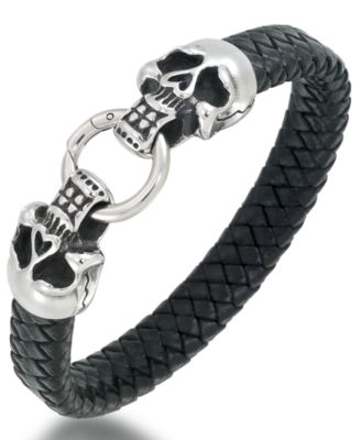 Andrew Charles by Andy Hilfiger - Men's Leather Skull Head Bracelet in Stainless Steel