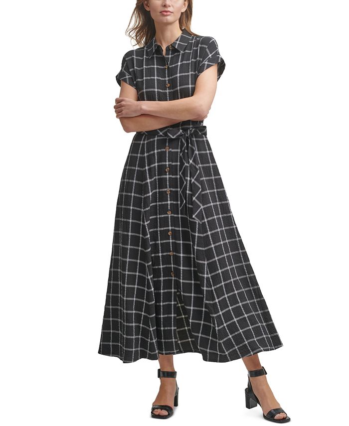 Calvin Klein Windowpane Maxi Shirtdress & Reviews - Dresses - Women - Macy's