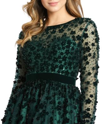 Women's Embellished Illusion High Neck Long Sleeve Fit & Flare Dress