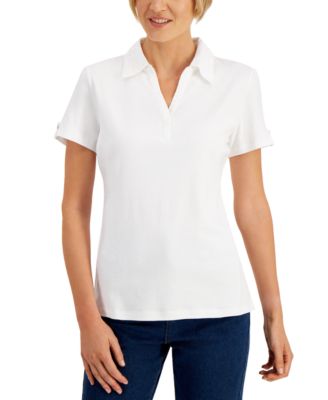 Karen Scott - Petite Eyelet-Trim Johnny-Collar Top