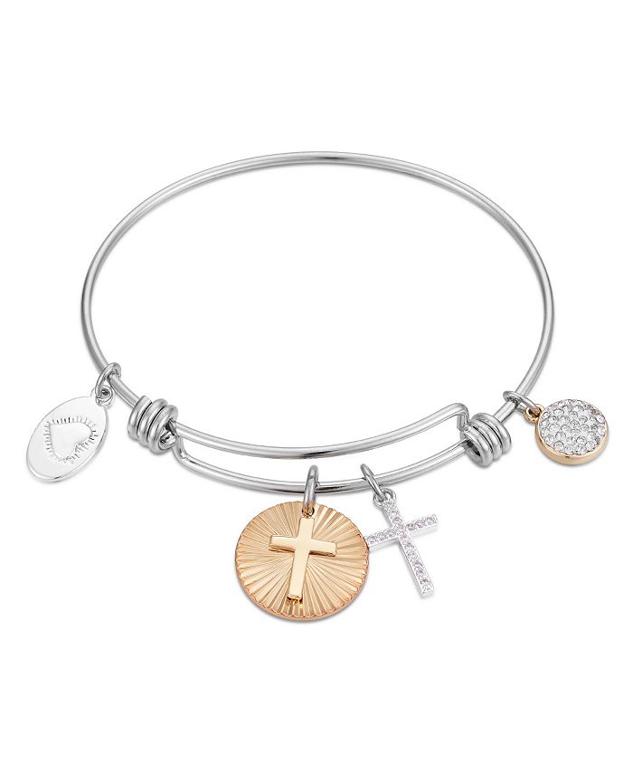 Unwritten - Two-Tone Crystal Cross Bangle Bracelet in Stainless Steel with Silver Plated Charms