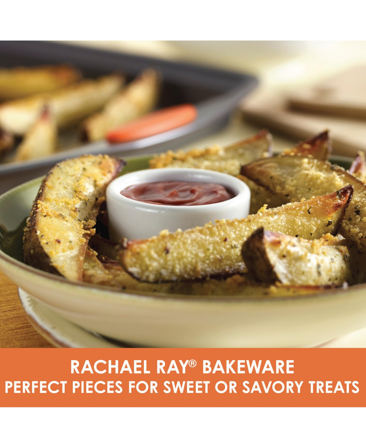 Rachael Ray Bakeware Oven Lovin' Nonstick Double Batch Cookie Pan and Utensil Set, 4-Pc., Orange Handles - Gray With Orange Grips