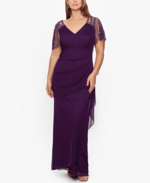 Xscape Plus Size Embellished Sheer Matte Jersey Gown In Plum