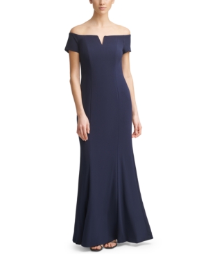CALVIN KLEIN NOTCHED OFF-THE-SHOULDER GOWN
