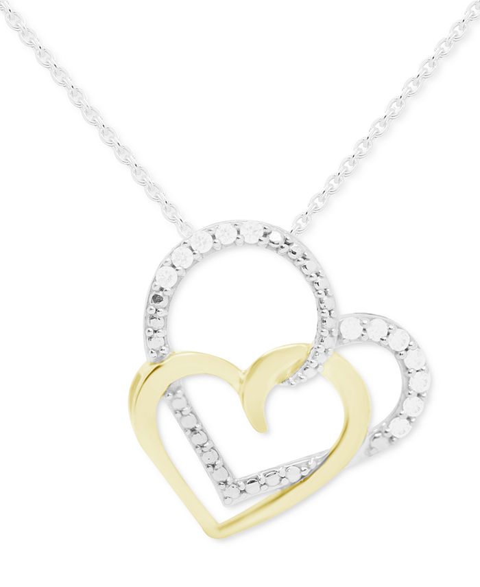 Macy's - Diamond Double Heart 18" Pendant Necklace (1/10 ct. t.w.) in Sterling Silver & Gold-Plate