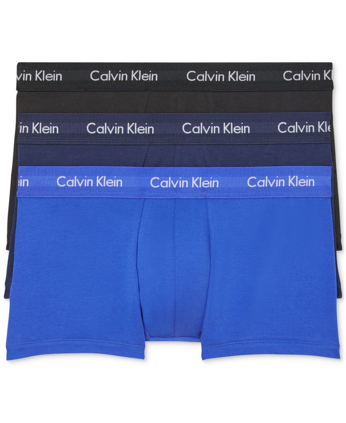 Calvin Klein Men's 3-pack Cotton Stretch Low-rise Trunk Underwear In Black,blue,cobalt
