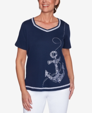 ALFRED DUNNER PETITE ANCHOR'S AWAY ANCHOR-DOT EMBROIDERED TOP