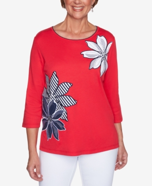 ALFRED DUNNER PETITE ANCHOR'S AWAY EXPLODED-FLORAL APPLIQUE TOP