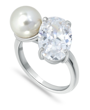 Macy's Cubic Zirconia And Imitation Pearl Stone Ring In Silver Plate, Created For