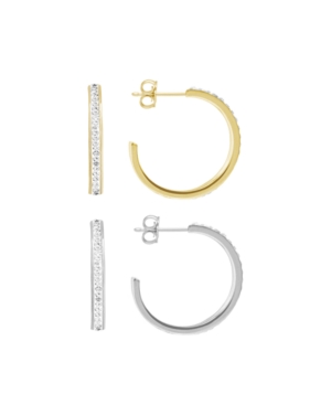 Essentials Clear Crystal C Hoop Set In Silver Plate And Gold Plate In Two Tone