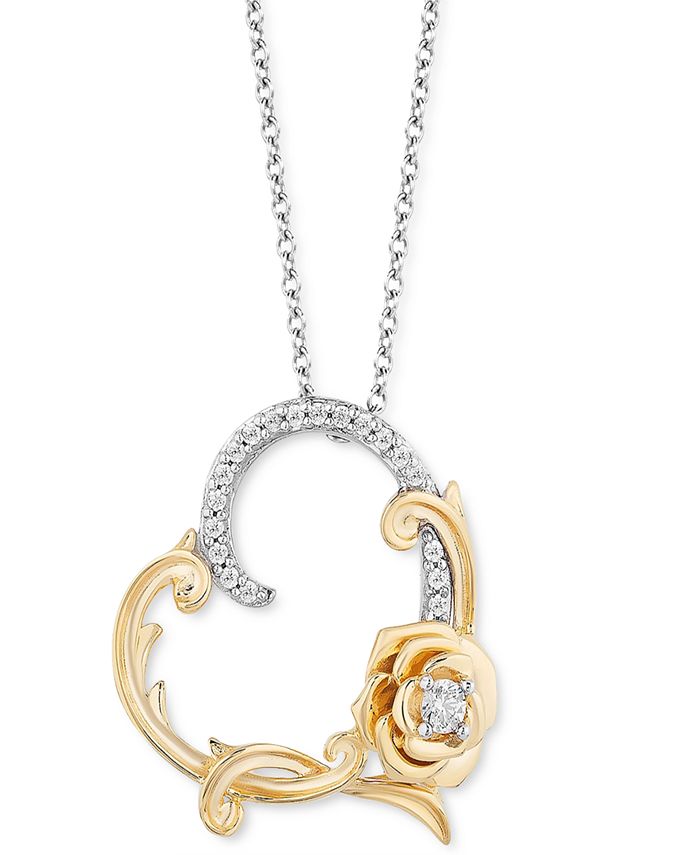 Enchanted Disney Fine Jewelry - Diamond Belle Rose Heart Pendant Necklace (1/10 ct. t.w.) in Sterling Silver & 14k Gold, 16" + 2" extender