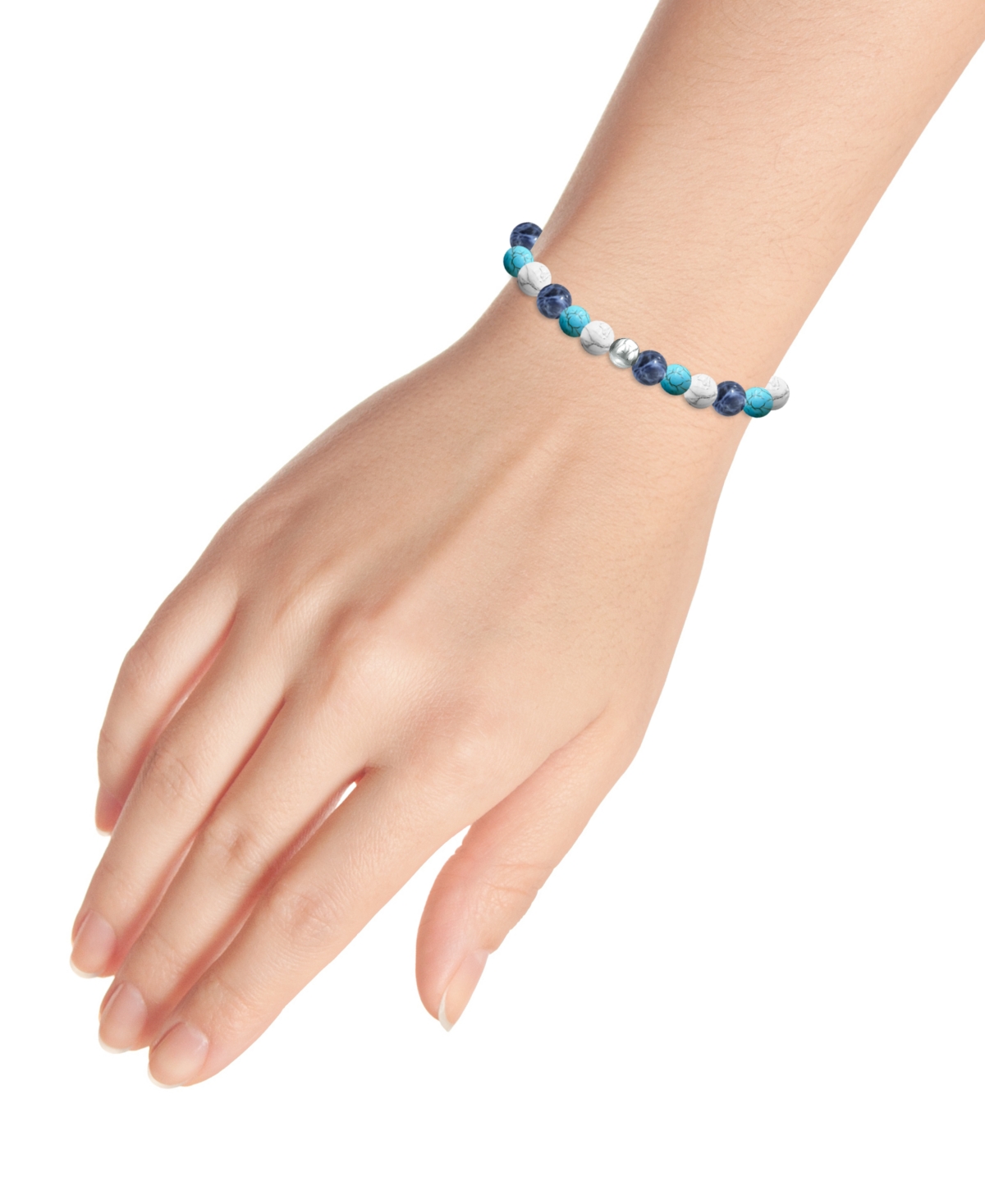 Shop Macy's Genuine Stone Bead Stretch Bracelet With Silver Plate Or Gold Plate Bead Accent In Howlite,silver