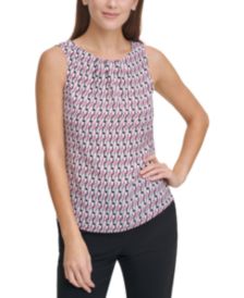 Printed Pleat-Neck Tank Top