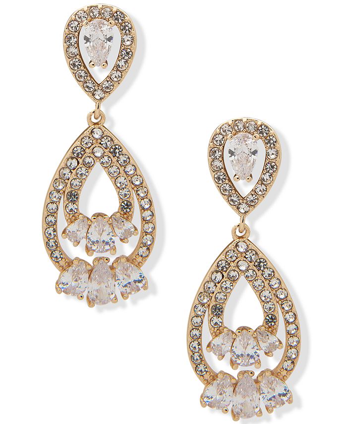 Anne Klein Gold-Tone Crystal Pear-Shape Layered Drop Earrings - Macy's