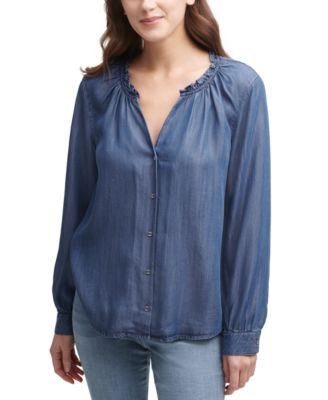 DKNY - Ruffled-Collar V-Neck Tencel Top