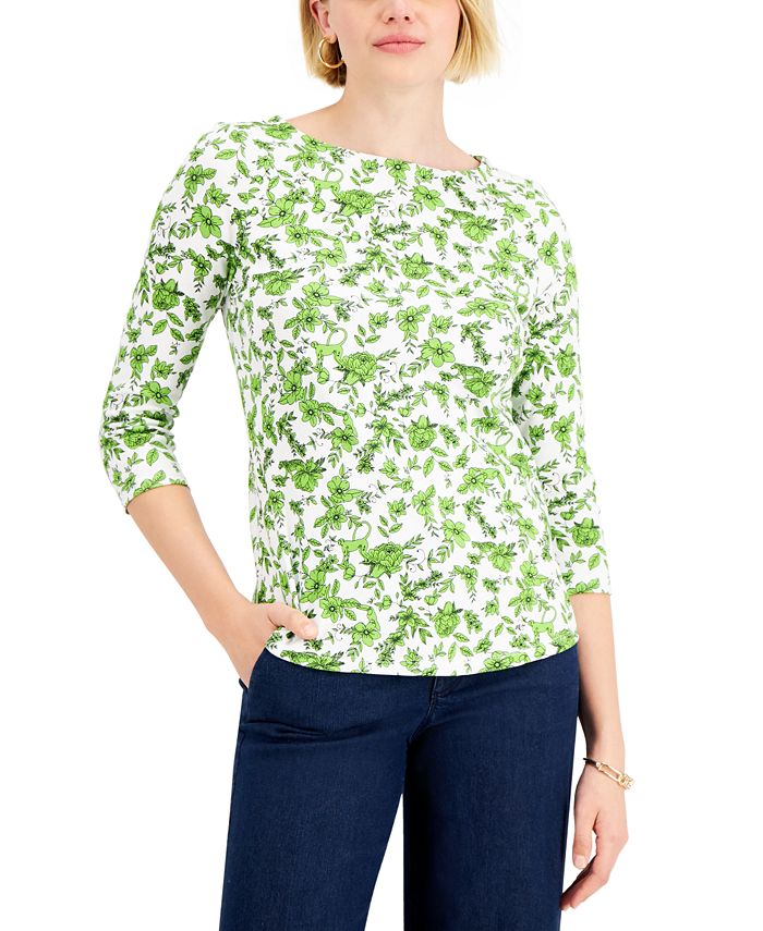 Charter Club Floral Jungle Cotton 3/4-Sleeve Top, Created for Macy's ...