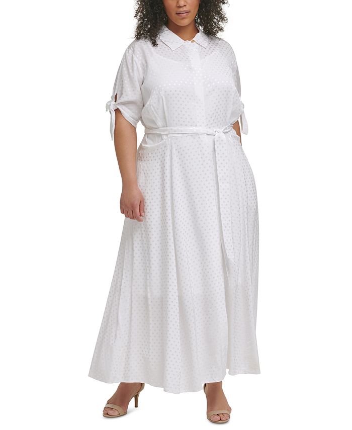 Calvin Klein Plus Size Dot-Print Belted Jacquard Shirtdress - Macy's