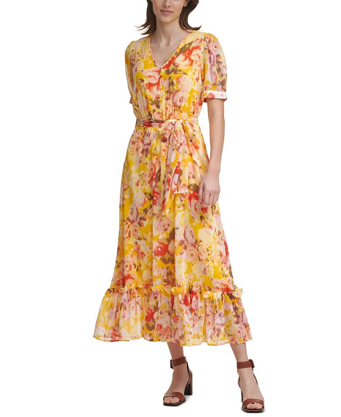 Calvin Klein Printed Elbow-Sleeve Button-Front Chiffon Maxi Dress & Reviews  - Dresses - Women - Macy's