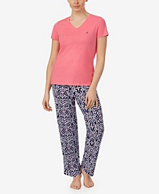 Women's V-Neck Short Sleeve Pajama Top with Long Printed Pant
