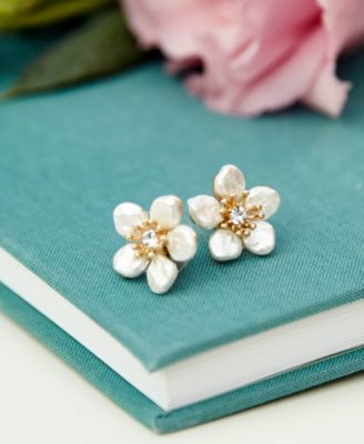 Gold-Tone Crystal & Imitation Pearl Flower Stud Earrings 