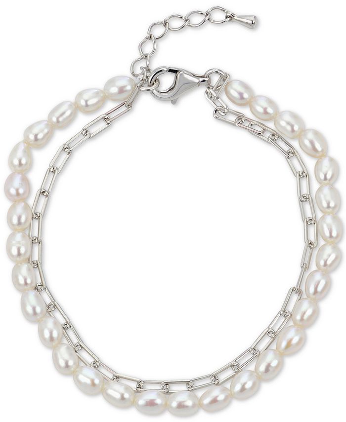Macy's - Cultured Freshwater Pearl (4-4-1/2mm) & Chain Double Bracelet in Sterling Silver