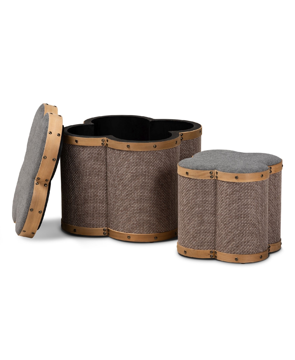 Marilyn Modern and Contemporary Transitional and Fabric Upholstered 2 Piece Clover Shaped Storage Ottoman Set