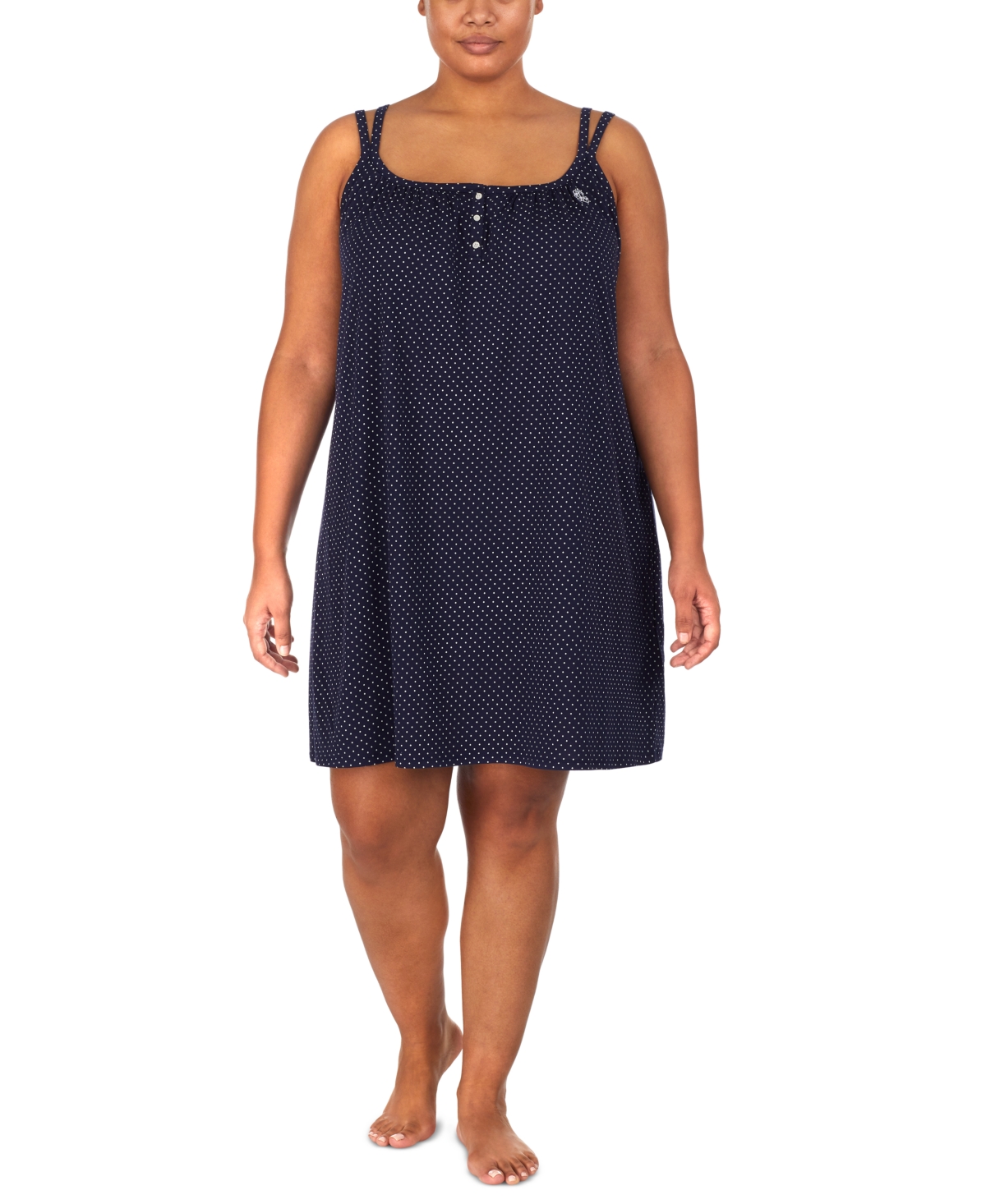 Ralph Lauren Plus Size Cotton Knit Double-strap Nightgown In Navy Dot