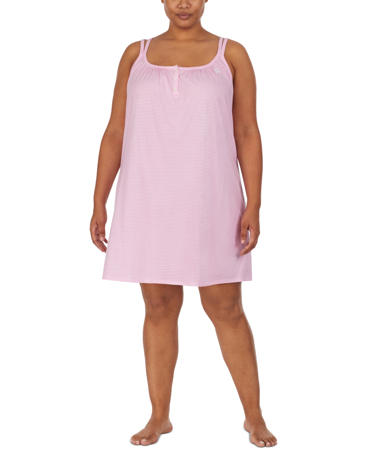 Lauren Ralph Lauren Plus Size Cotton Knit Double-strap Nightgown In Pink Stripe