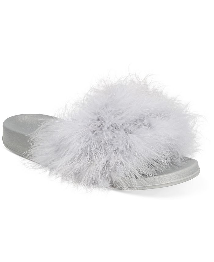 INC Faux-Fur Slide Slippers Silver Size Medium 7-8 