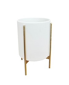 White Ceramic Planter with Gold Metal Stand