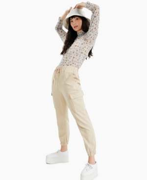 Tinseltown Juniors' High Waisted Pull On Utility Jogger Pants In Buff Nude