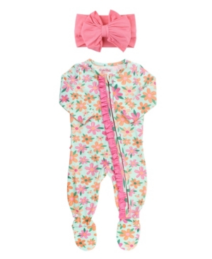 Baby Girls Footed Pajamas and Bow Headband Set