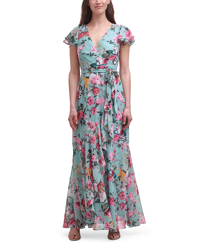 Eliza J Floral-Print Chiffon Faux-Wrap Gown - Macy's