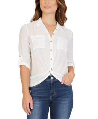 BCX - Juniors' Gauze Twist-Front Button-Up Blouse