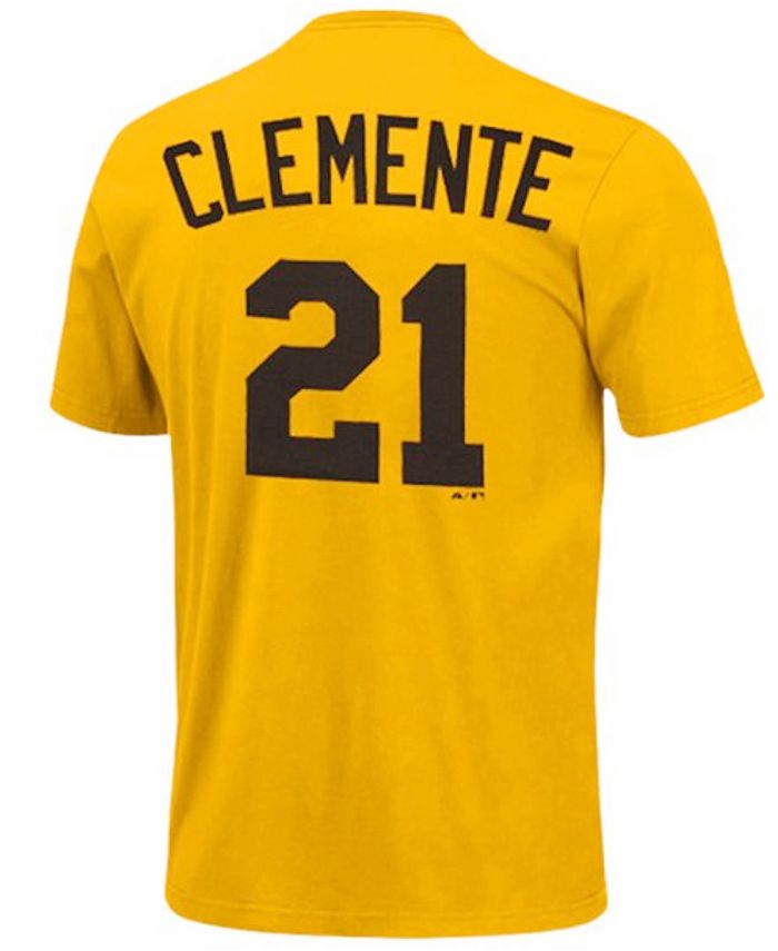 Roberto Clemente Pittsburgh Pirates Majestic Cooperstown Collection  Official Name & Number T-Shirt - Gold