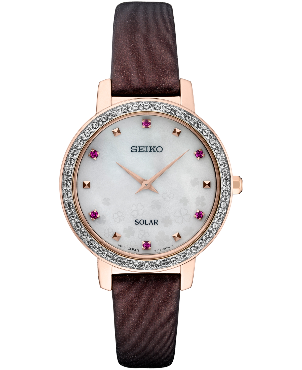 Women's Solar Crystal Burgundy Leather Strap Watch 30mm - Mother Of Pearl