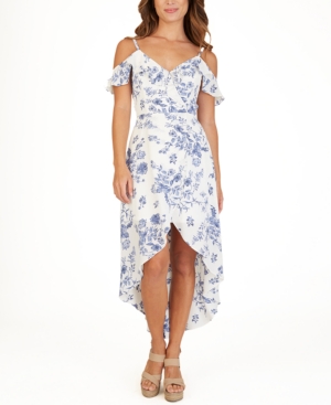 Bcx Juniors' Floral-print High-low Dress In Textured Porcel