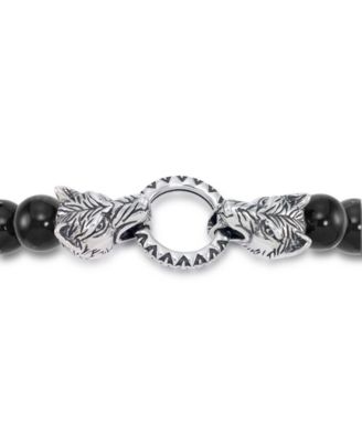 Men's Tiger's Eye Bead Wolf Head Stretch Bracelet in Stainless Steel (Also in Onyx & White Agate)