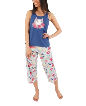 Munki Munki Flower Kitty Capri Pajama Set In Blue