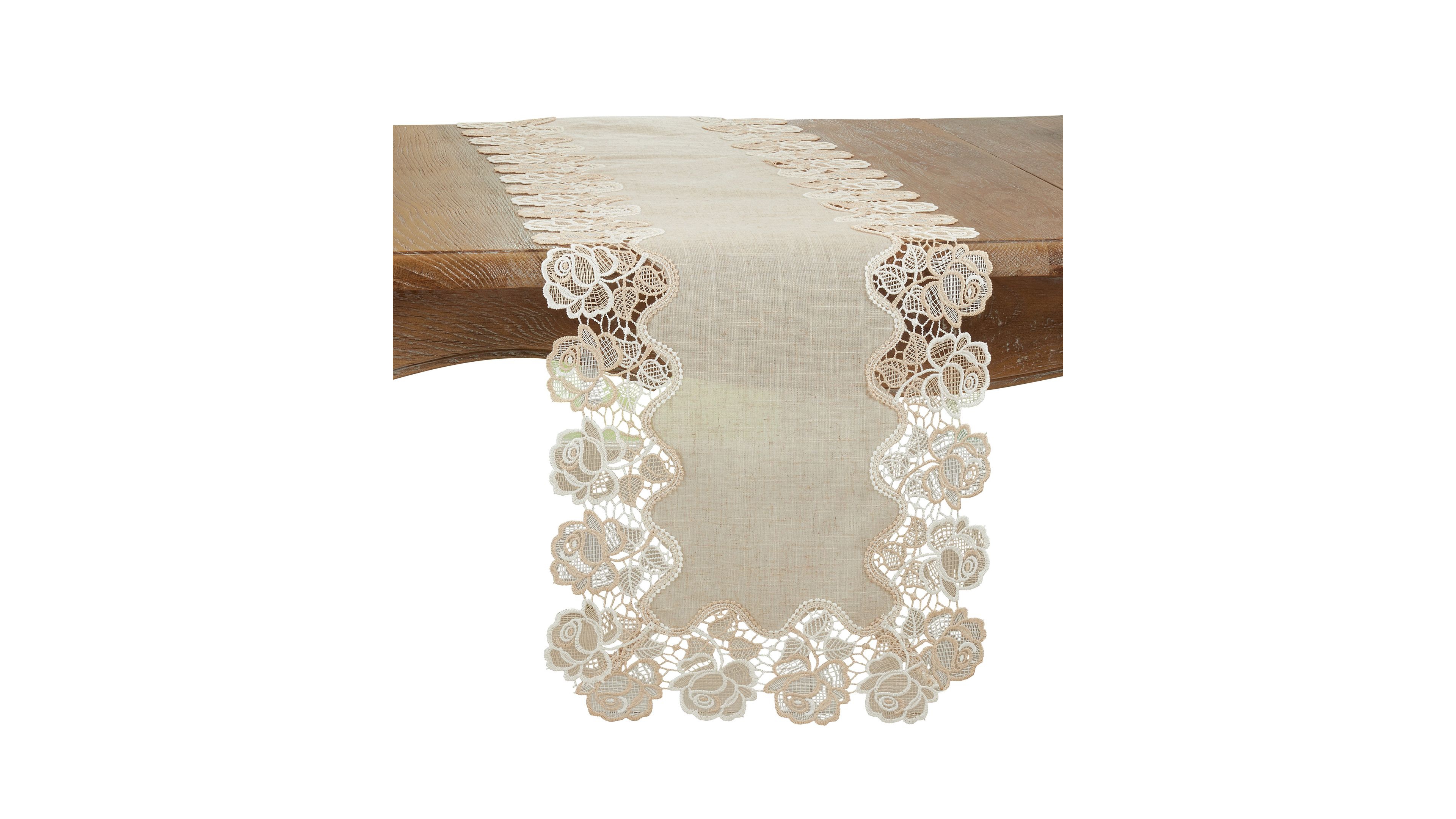 Saro Lifestyle Lace Table Runner with Rose Border Design, 120" x 16"