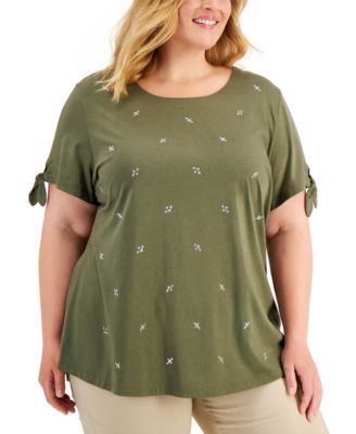 Plus Size Cotton Embellished Tie-Sleeve Top, Created for Macy's