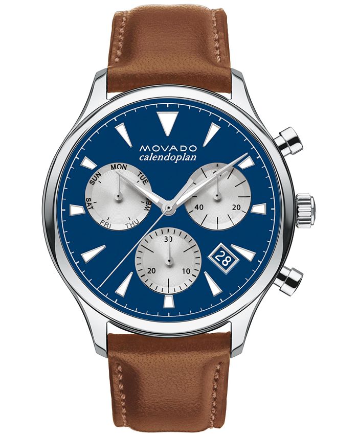 Movado - Men's Swiss Chronograph Heritage Series Calendoplan Cognac Brown Leather Strap Watch 43mm